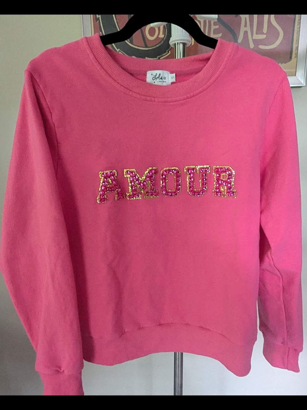 SALE $20 Lola + The Boys Pink "AMOUR" Pearl & Sequin Sweatshirt - Women's Small